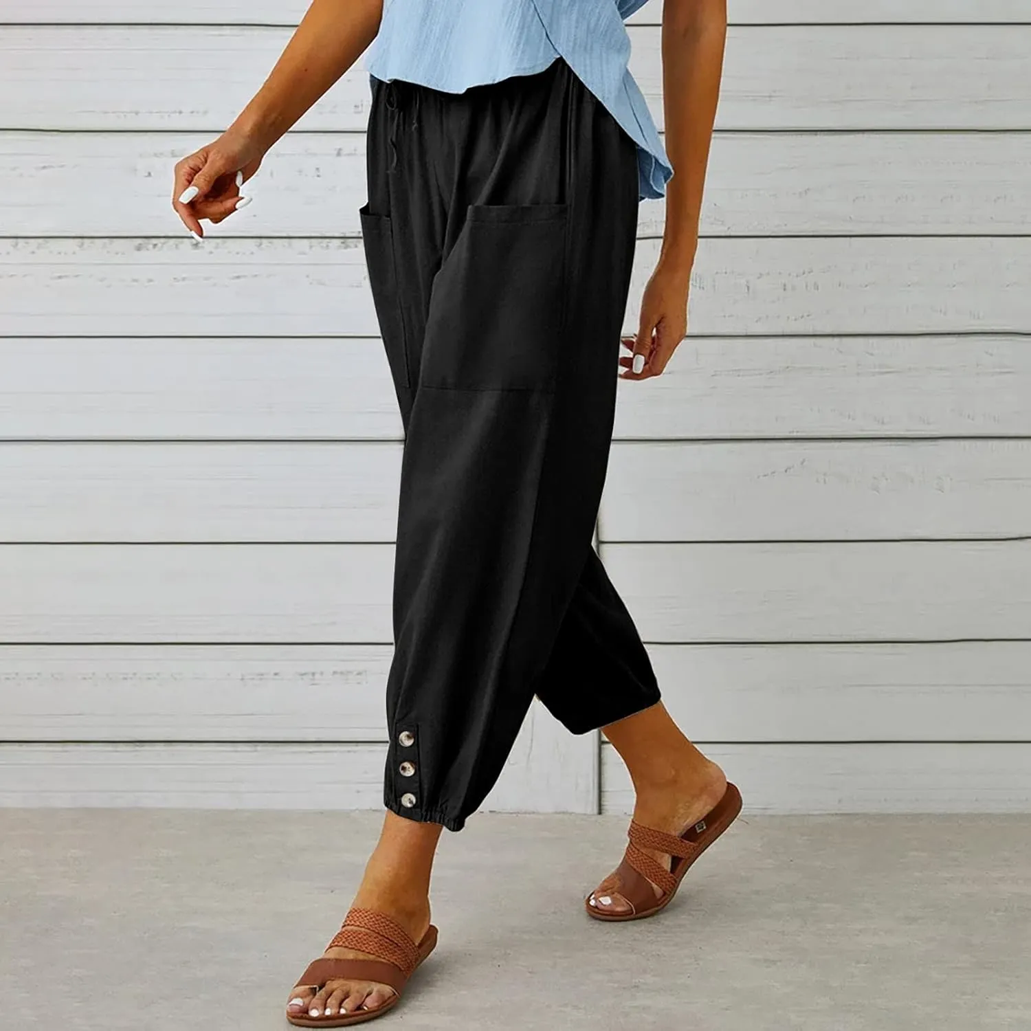 Cotton Linen Pants for Women Casual Summer Elastic High Waist Drawstring Lounge Pant Straight Leg Cropped Trousers