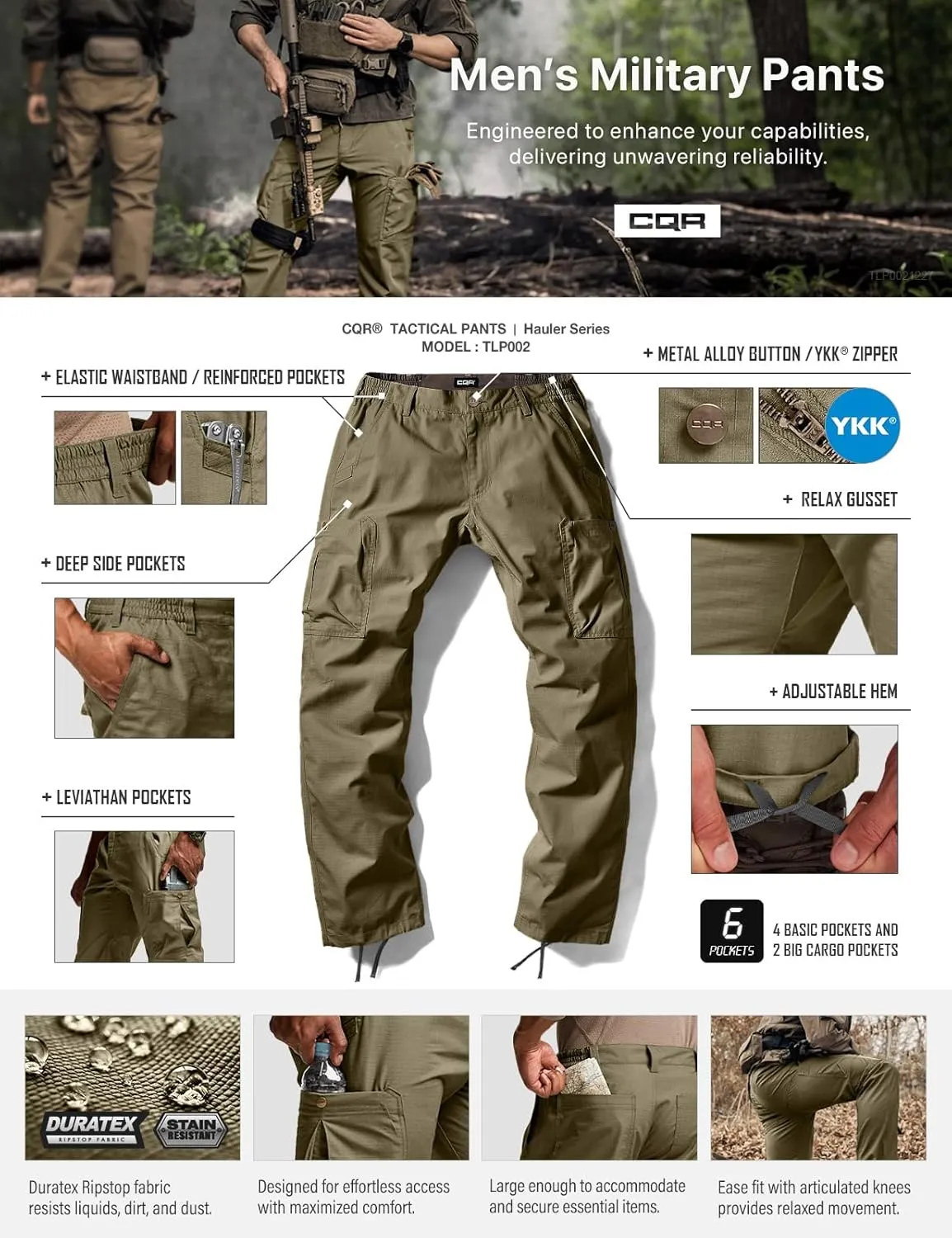 CQR Men's Military Cargo Pants, Water Resistant Ripstop Army Combat Tactical Pants, Outdoor Hunting Hiking EDC Work Pants