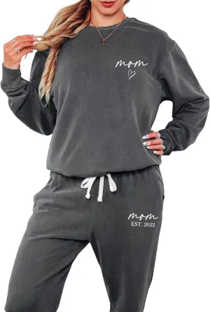 Custom Lounge Sets for Women, Personalized Lounge Pants for Mom, Custom Comfort Colors Sweatshirt and Sweatpants, Mom Loungewear Set