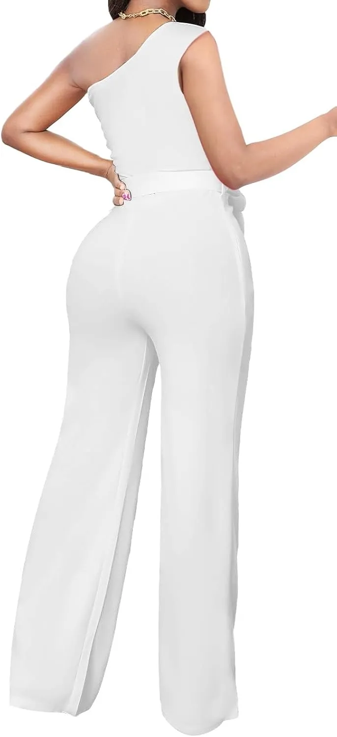 CuteCherry Women Elegant Jumpsuits For Elegant One Sleeve Sexy Straight Long Pants Rompers With Pockets