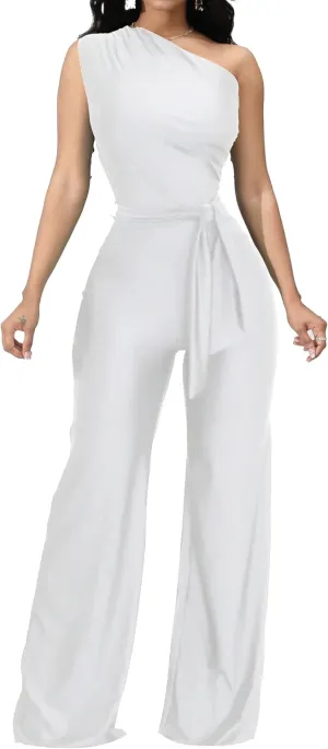 CuteCherry Women Elegant Jumpsuits For Elegant One Sleeve Sexy Straight Long Pants Rompers With Pockets