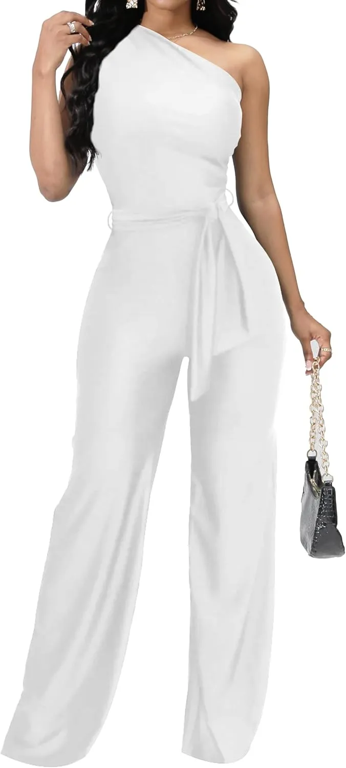 CuteCherry Women Elegant Jumpsuits For Elegant One Sleeve Sexy Straight Long Pants Rompers With Pockets