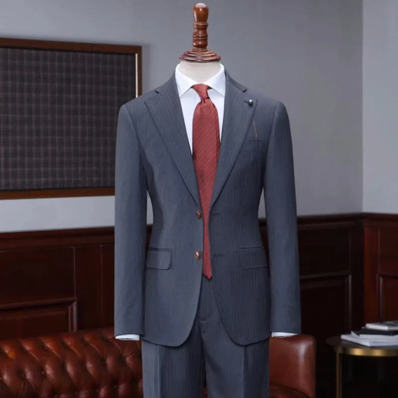 Dark Gray Striped Notched Lapel Two Pieces Business Suits Wedding Suits