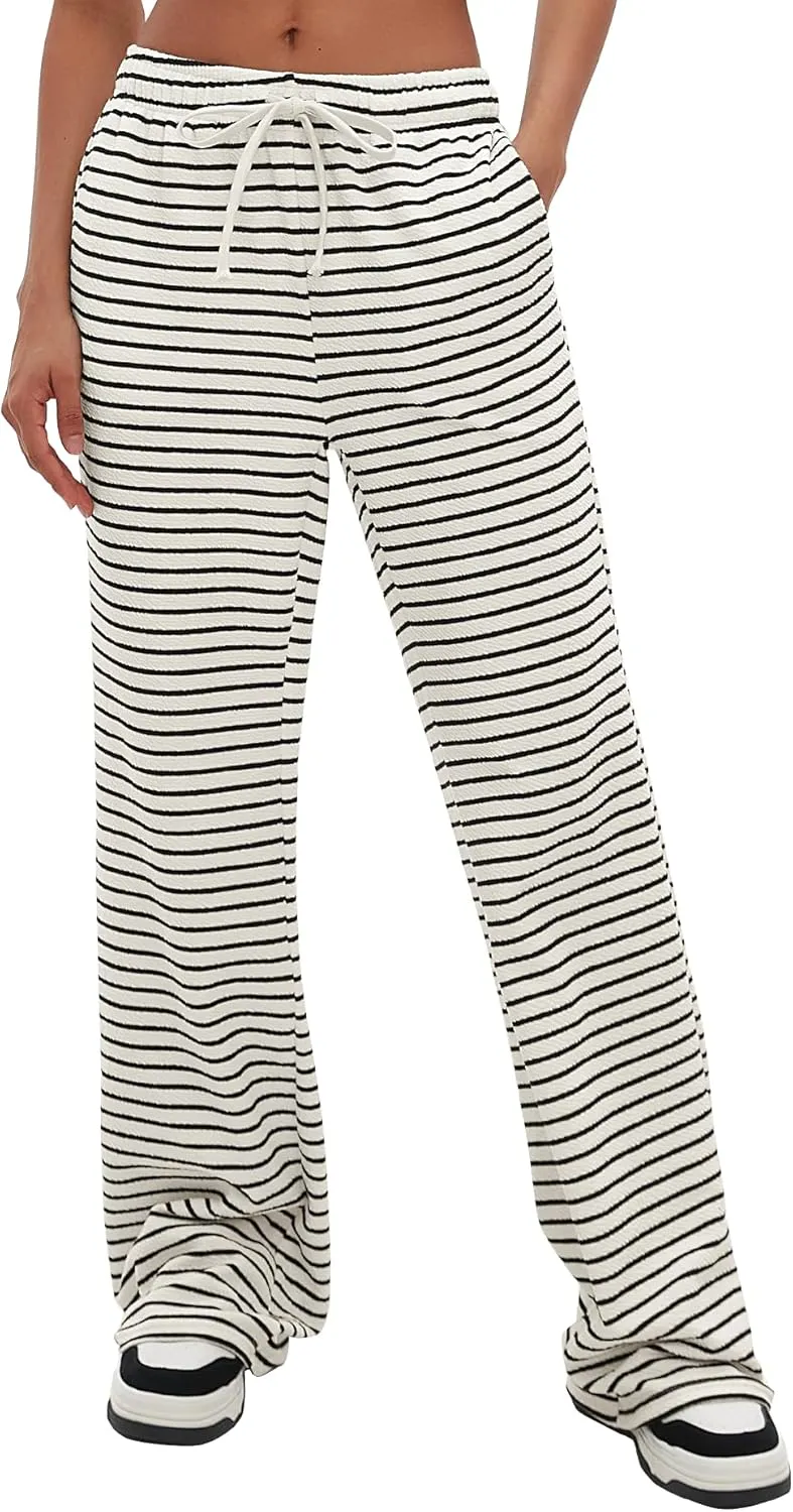 Darong Womens Wide Leg Sweatpants Stripe Print Yoga Pants Comfy Lounge Baggy Drawstring Trousers with Pockets