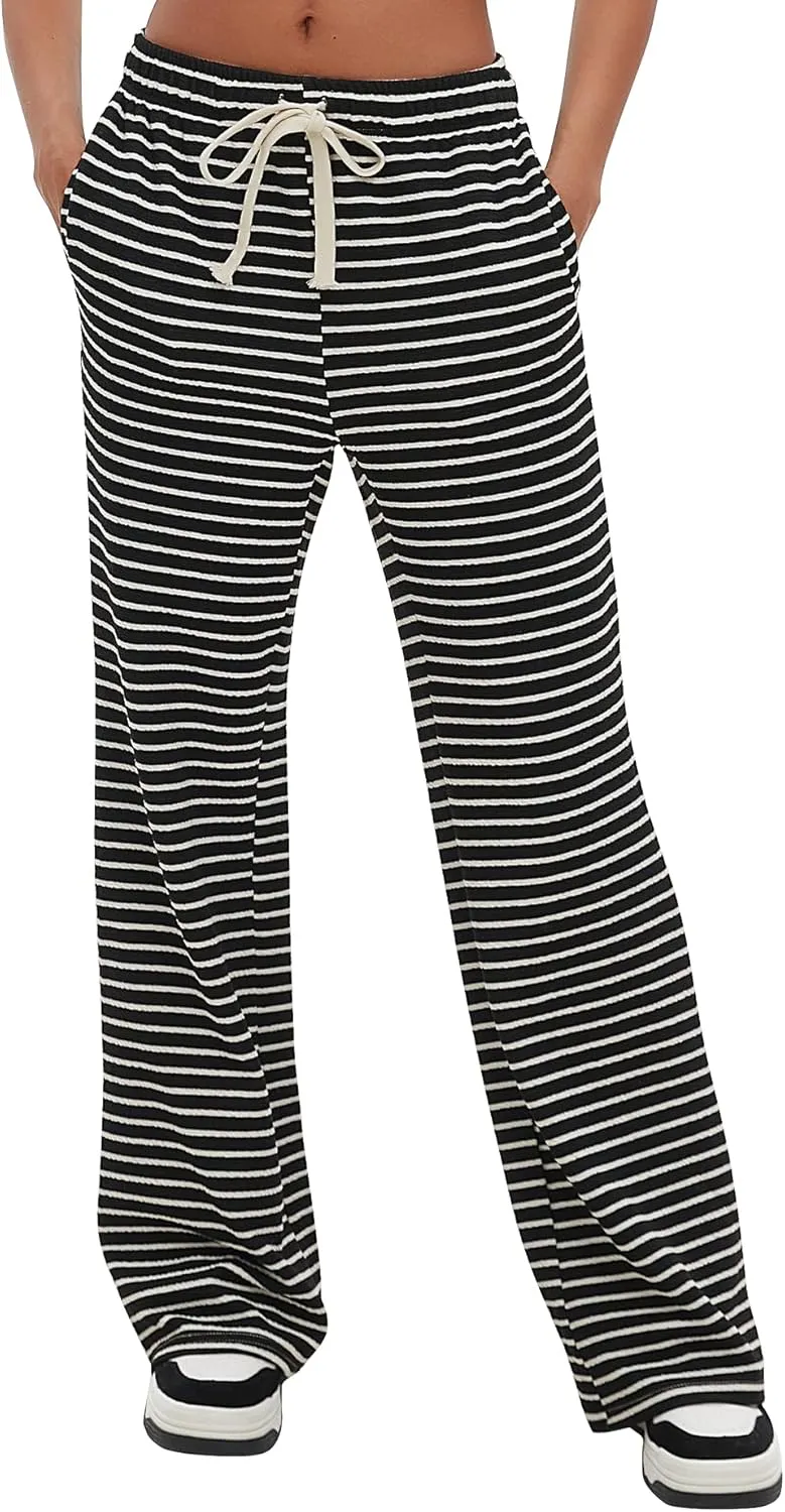 Darong Womens Wide Leg Sweatpants Stripe Print Yoga Pants Comfy Lounge Baggy Drawstring Trousers with Pockets