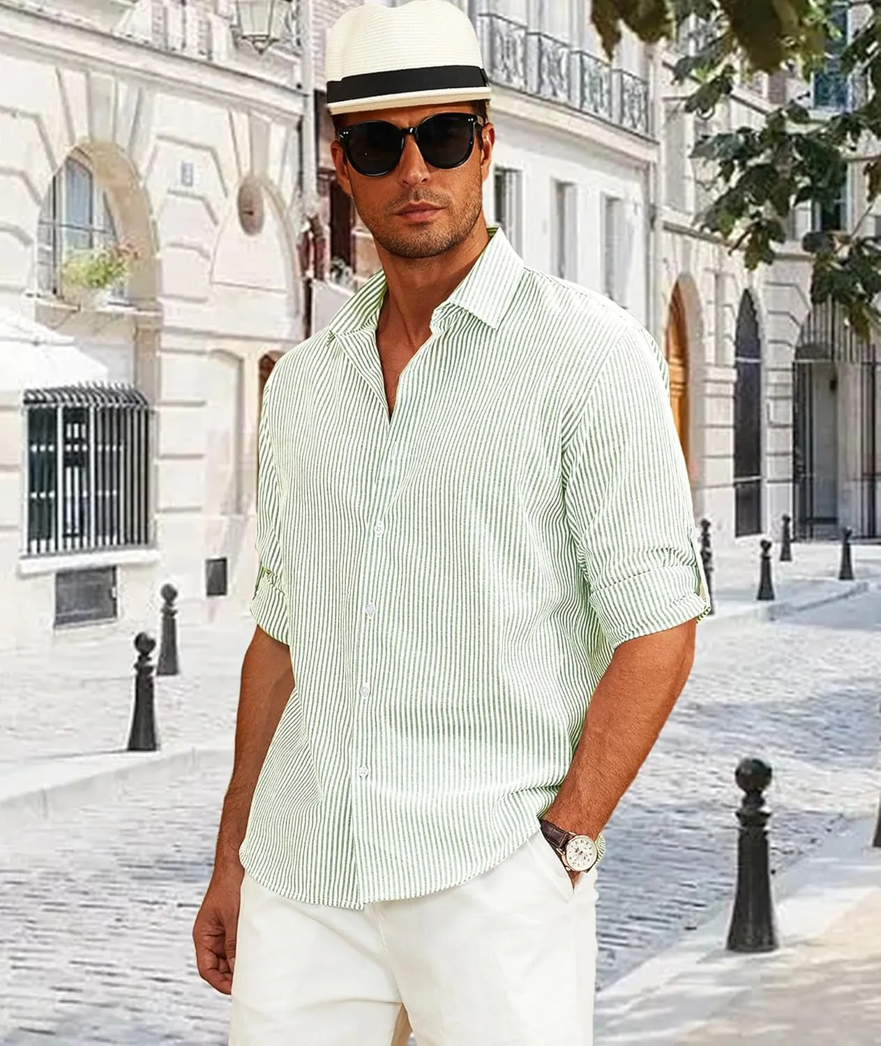 Deer Lady Mens Long Sleeve Button Down Shirt Striped Casual Cotton Business Summer Beach Wedding Dress Shirts