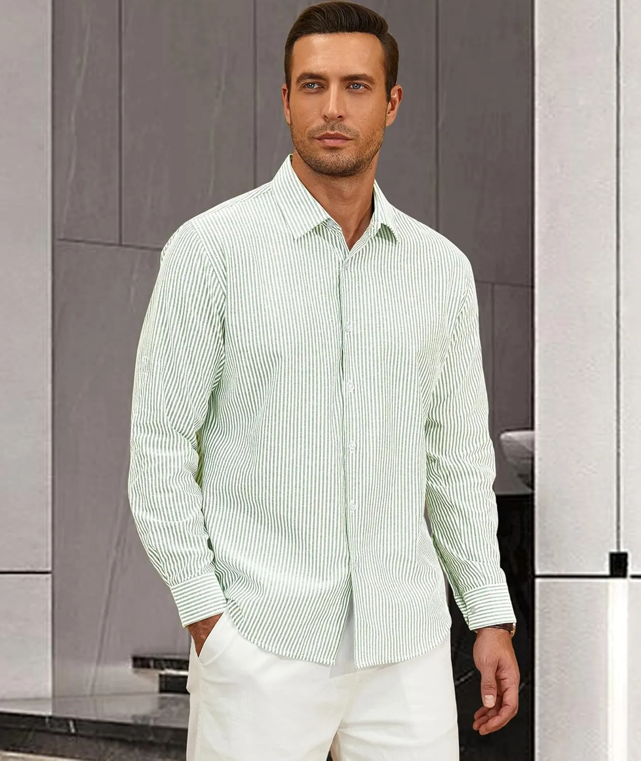 Deer Lady Mens Long Sleeve Button Down Shirt Striped Casual Cotton Business Summer Beach Wedding Dress Shirts