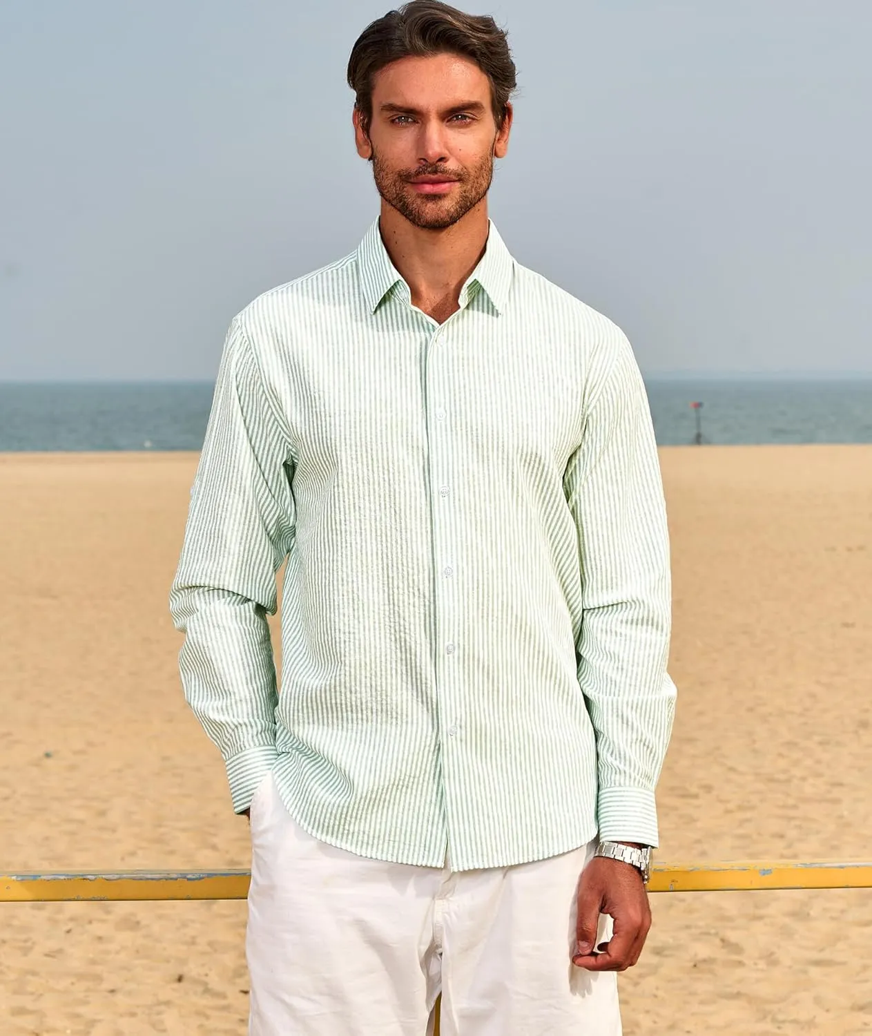 Deer Lady Mens Long Sleeve Button Down Shirt Striped Casual Cotton Business Summer Beach Wedding Dress Shirts