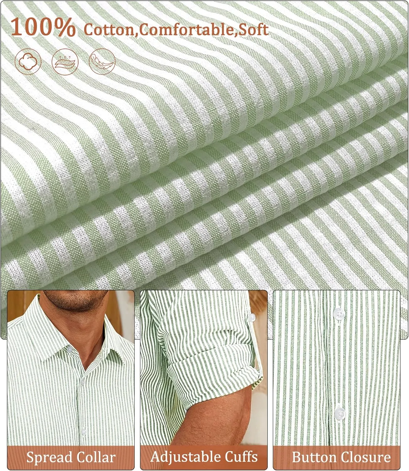 Deer Lady Mens Long Sleeve Button Down Shirt Striped Casual Cotton Business Summer Beach Wedding Dress Shirts