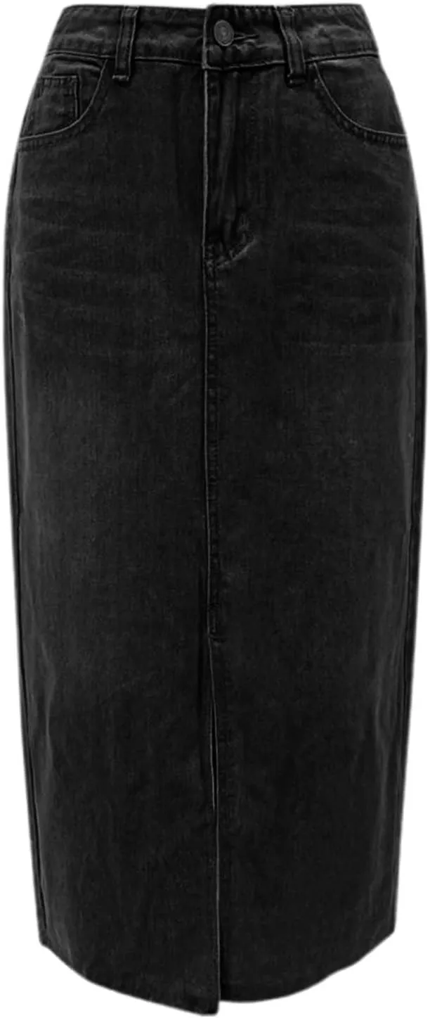 Denim Skirts for Women Long Length Front Slit Casual Comfort Stretch Elegant High Waisted Jean Skirt with Pockets