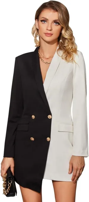 Double Breasted Gold Button Blazer Dress for Women Sexy - Asymmetric Long Blazers Jackets Outfit