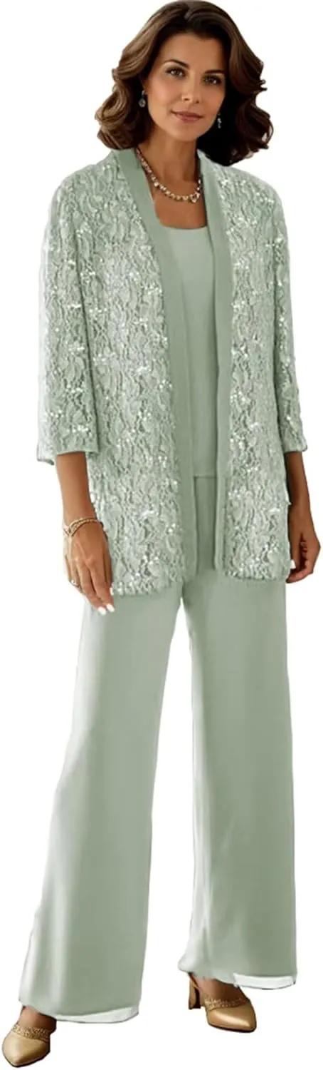 Dressy Pant Suits for A Wedding Sparkly Sequin Lace Outfit Long Sleeve 3 Pieces Mother of The Bride Pantsuits for Women