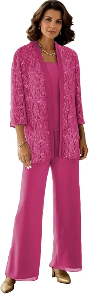 Dressy Pant Suits for A Wedding Sparkly Sequin Lace Outfit Long Sleeve 3 Pieces Mother of The Bride Pantsuits for Women