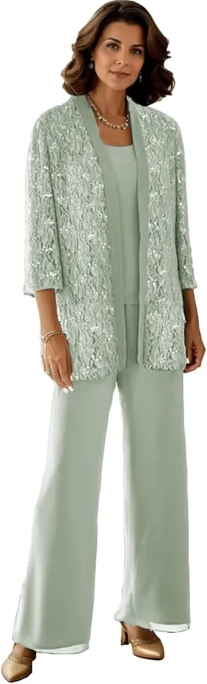 Dressy Pant Suits for A Wedding Sparkly Sequin Lace Outfit Long Sleeve 3 Pieces Mother of The Bride Pantsuits for Women