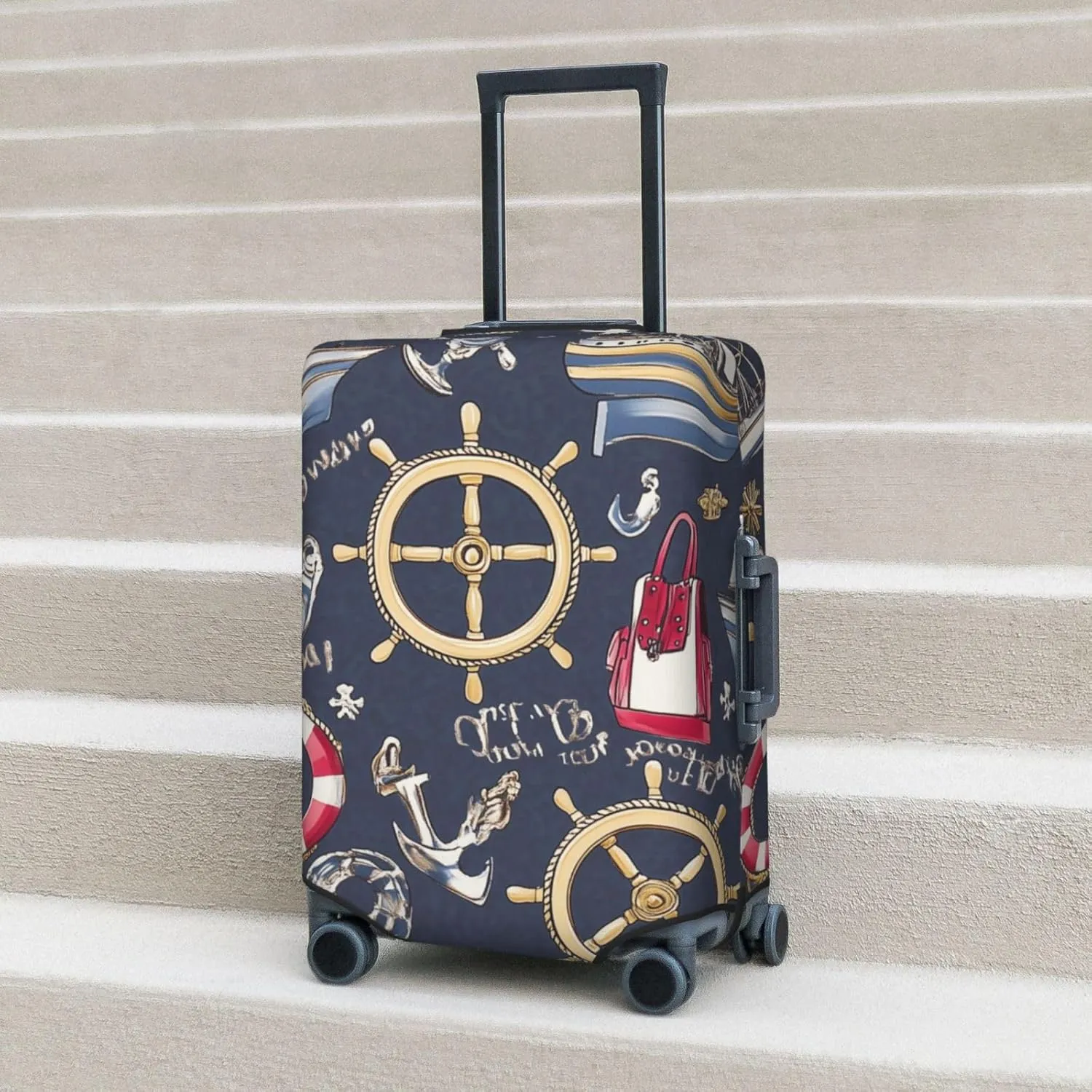 Elastic Luggage Cover Anti Scratch Dirt Covers, Boat Wheels Life Jackets Nautical Travel Luggage Cover Suitcase Protector Fits 23-26 Inch Luggage