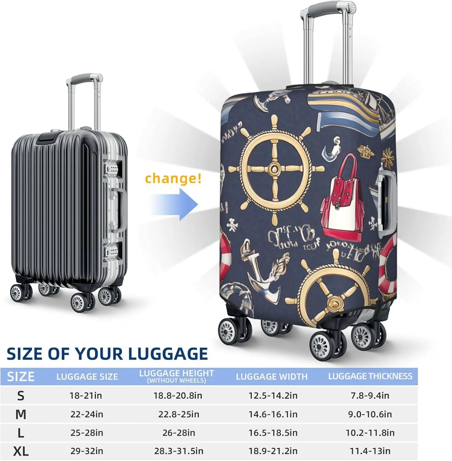 Elastic Luggage Cover Anti Scratch Dirt Covers, Boat Wheels Life Jackets Nautical Travel Luggage Cover Suitcase Protector Fits 23-26 Inch Luggage