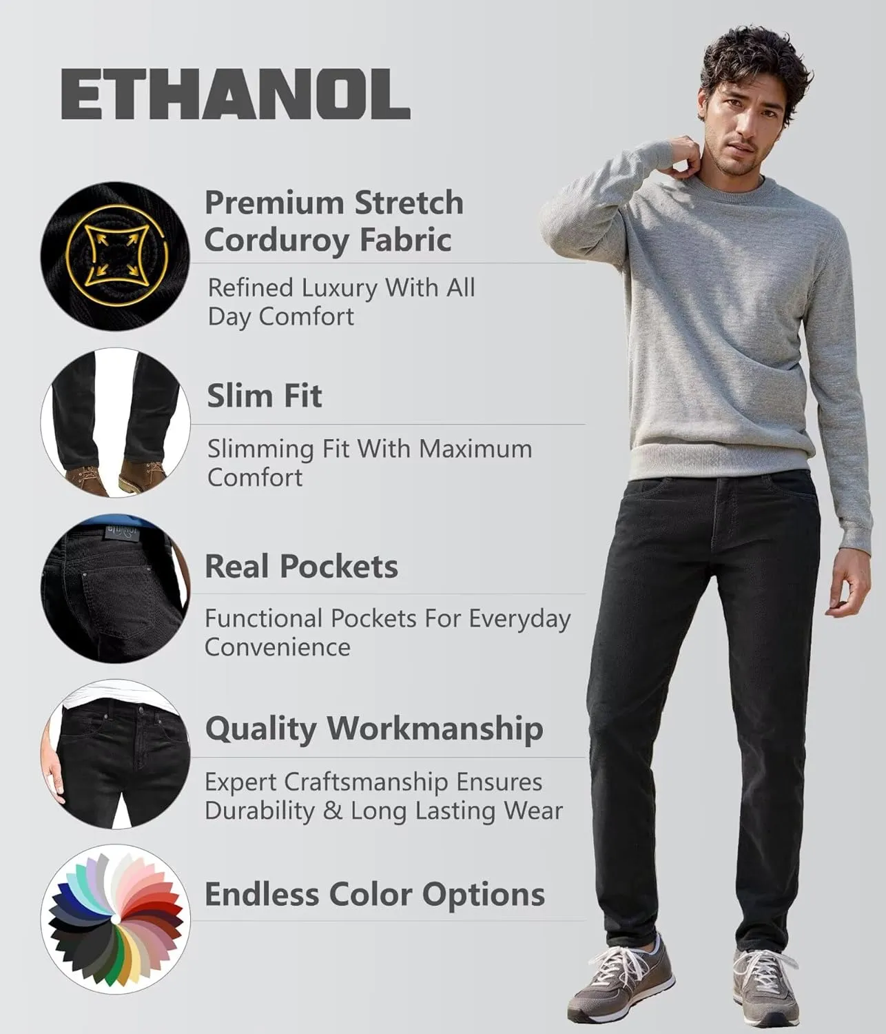 ETHANOL Men's Slim Stretchy Casual Corduroy Pant