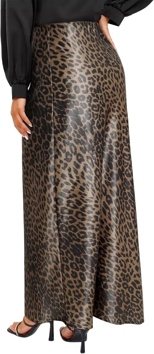 Ezcosplay Women Satin Leopard Print Maxi Skirt High Waist Slik Animal Cheetah Print A Line Long Skirts