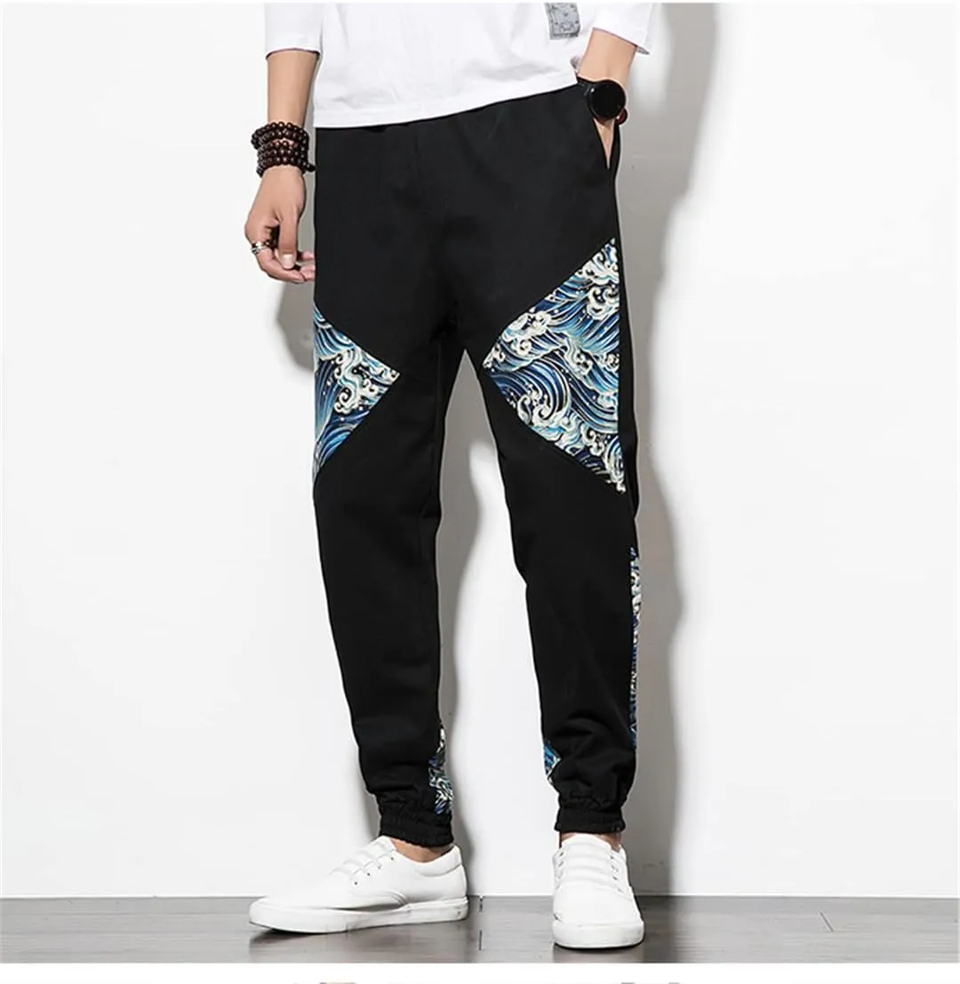 Fashion Japanese Kimono Print Pants Asian Costume Casual Long Pants Kimono Yukata Men's Harem Pants Trousers Side Print