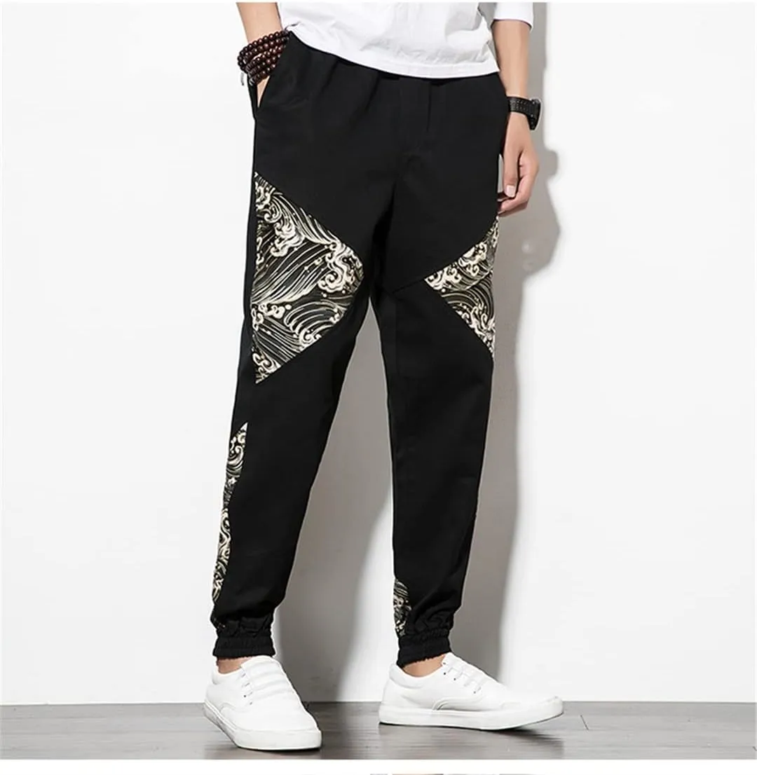 Fashion Japanese Kimono Print Pants Asian Costume Casual Long Pants Kimono Yukata Men's Harem Pants Trousers Side Print