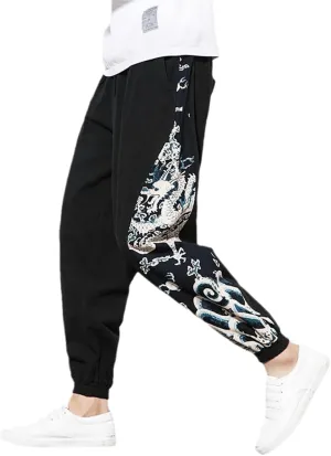Fashion Japanese Kimono Print Pants Asian Costume Casual Long Pants Kimono Yukata Men's Harem Pants Trousers Side Print