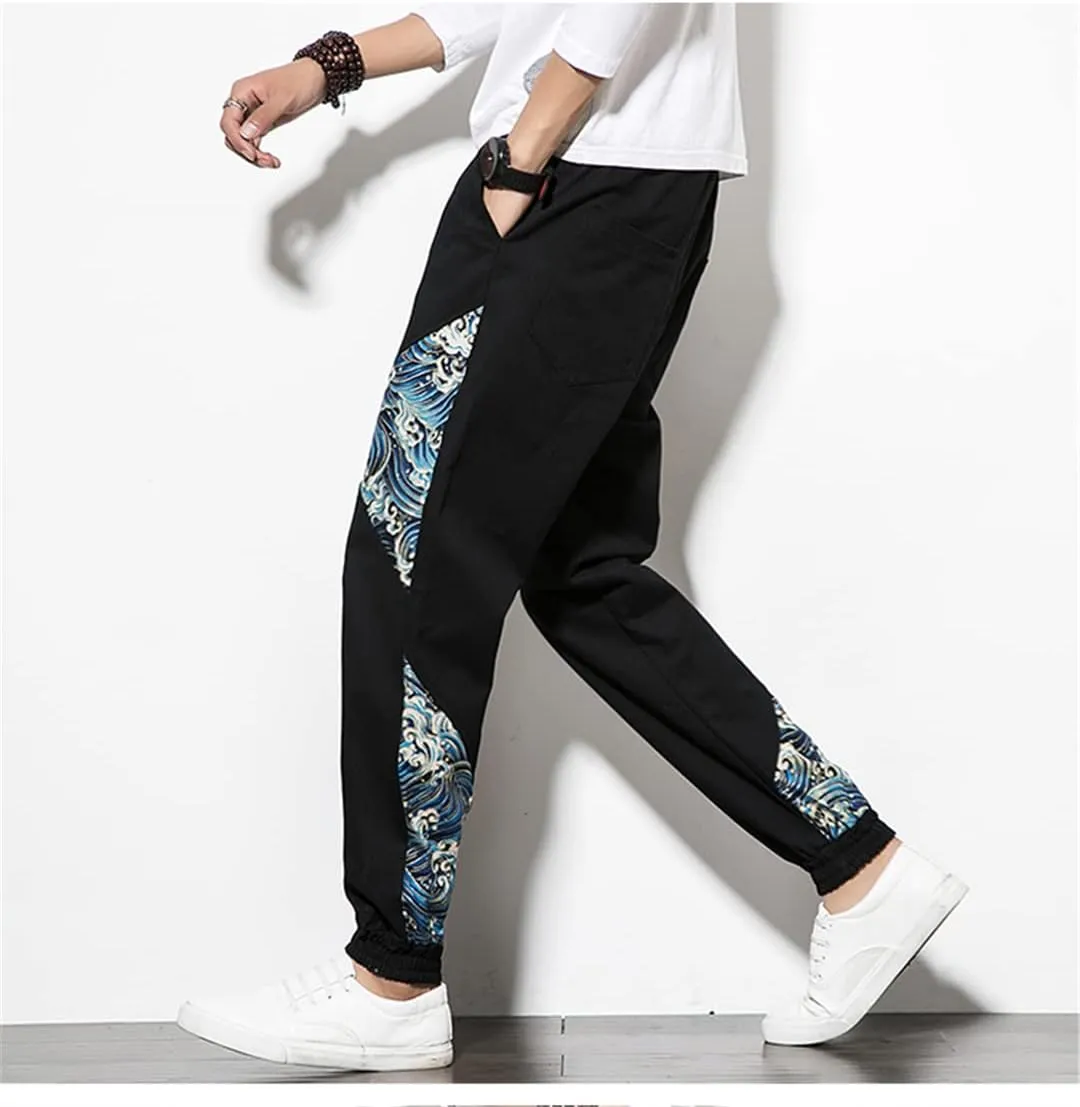 Fashion Japanese Kimono Print Pants Asian Costume Casual Long Pants Kimono Yukata Men's Harem Pants Trousers Side Print
