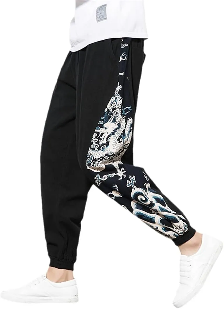 Fashion Japanese Kimono Print Pants Asian Costume Casual Long Pants Kimono Yukata Men's Harem Pants Trousers Side Print