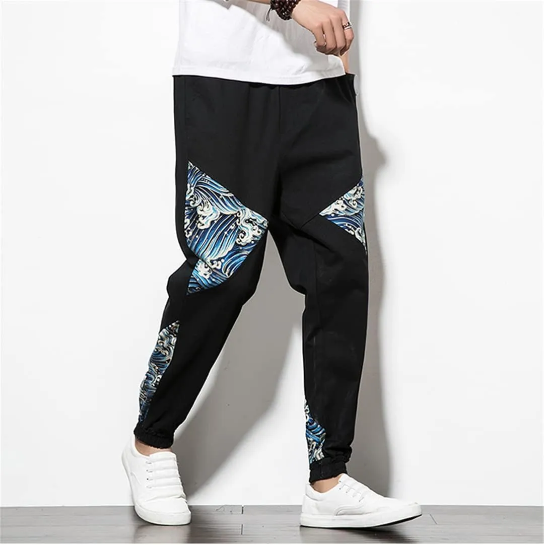 Fashion Japanese Kimono Print Pants Asian Costume Casual Long Pants Kimono Yukata Men's Harem Pants Trousers Side Print
