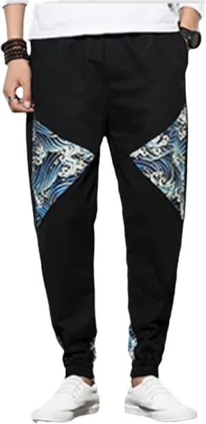 Fashion Japanese Kimono Print Pants Asian Costume Casual Long Pants Kimono Yukata Men's Harem Pants Trousers Side Print