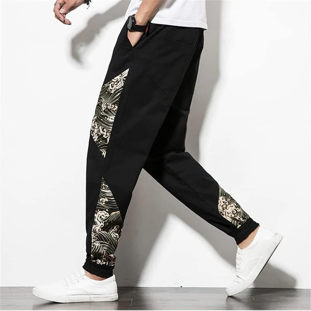 Fashion Japanese Kimono Print Pants Asian Costume Casual Long Pants Kimono Yukata Men's Harem Pants Trousers Side Print