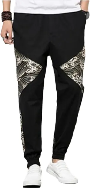 Fashion Japanese Kimono Print Pants Asian Costume Casual Long Pants Kimono Yukata Men's Harem Pants Trousers Side Print