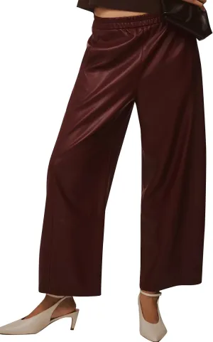 Faux Leather Pants for Women High Waist Wide Leg PU Leather Barrel Palazzo Trousers Pants with Pockets Brown Red S