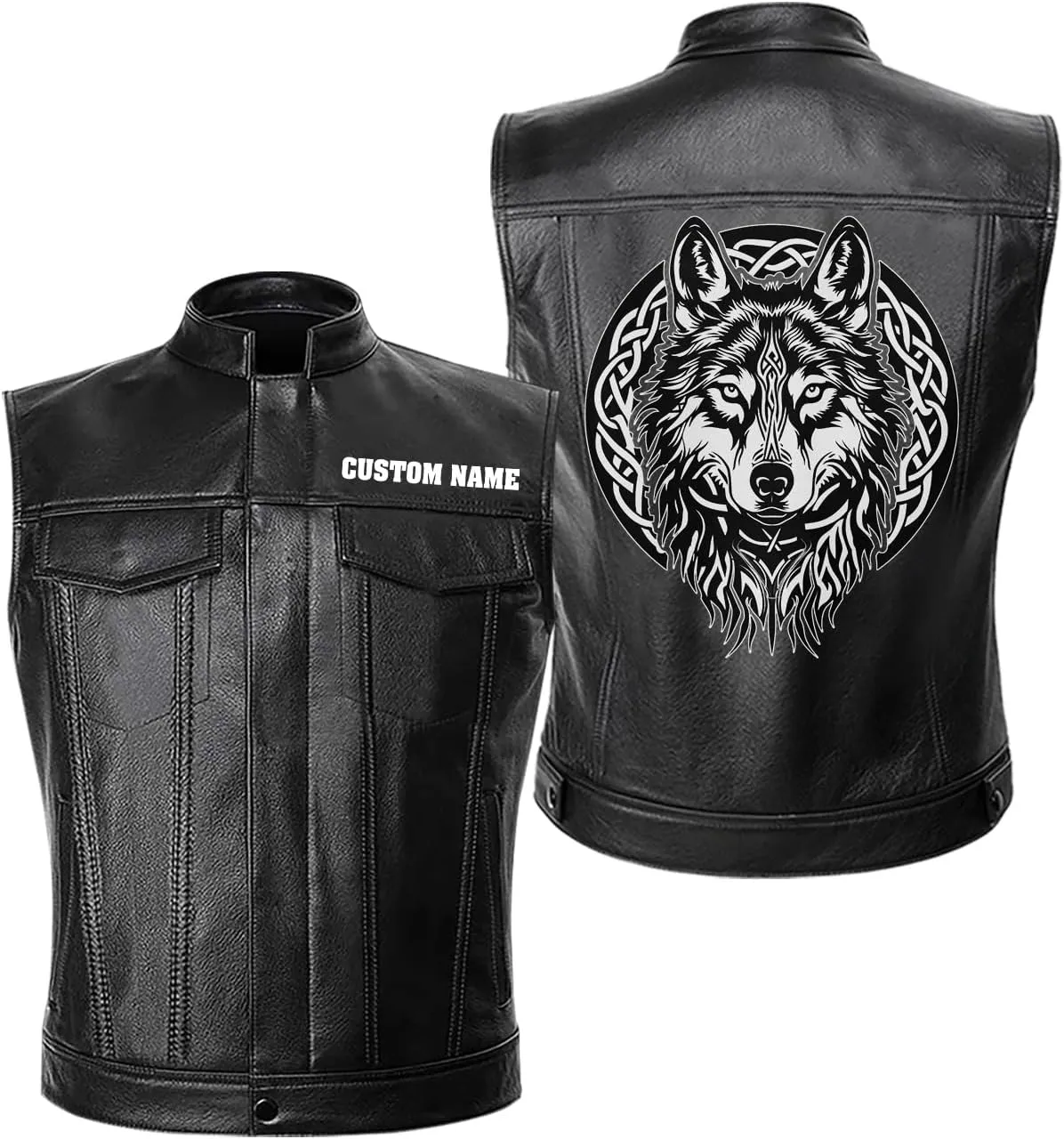 Fenrir Wolf Viking Norse Norsemen Odins Wolf on Men Personalized Men PU Leather Vest Jacket Coat Motorcycle