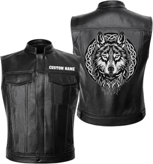 Fenrir Wolf Viking Norse Norsemen Odins Wolf on Men Personalized Men PU Leather Vest Jacket Coat Motorcycle