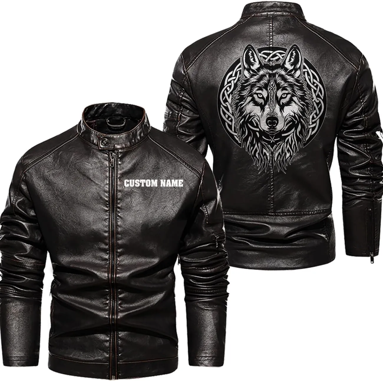 Fenrir Wolf Viking Norse Norsemen Odins Wolf on Men Personalized Men PU Leather Vest Jacket Coat Motorcycle