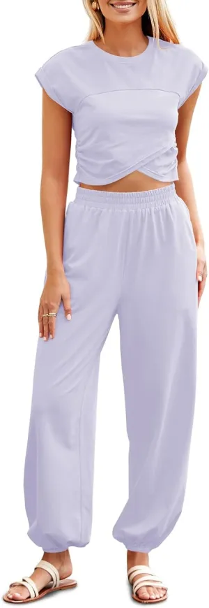 Fisoew Women's Two Piece Outfits Casual Lounge Sets Crop Tops and Joggers Tracksuit with Pockets