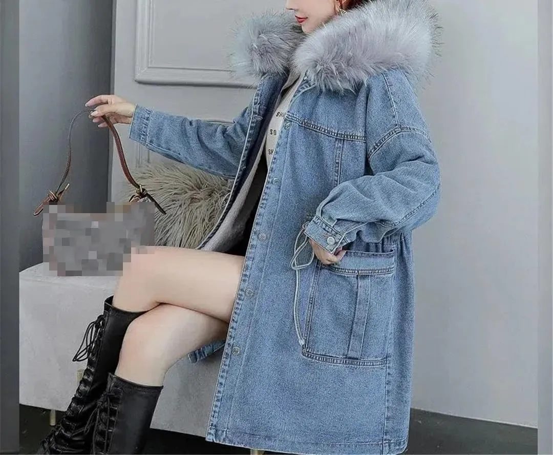 Fjnbbiot Add fleece Thickened Denim Jacket Women Spring Medium Length Loose Large Hair Collar Hooded Cotton Padded Coat