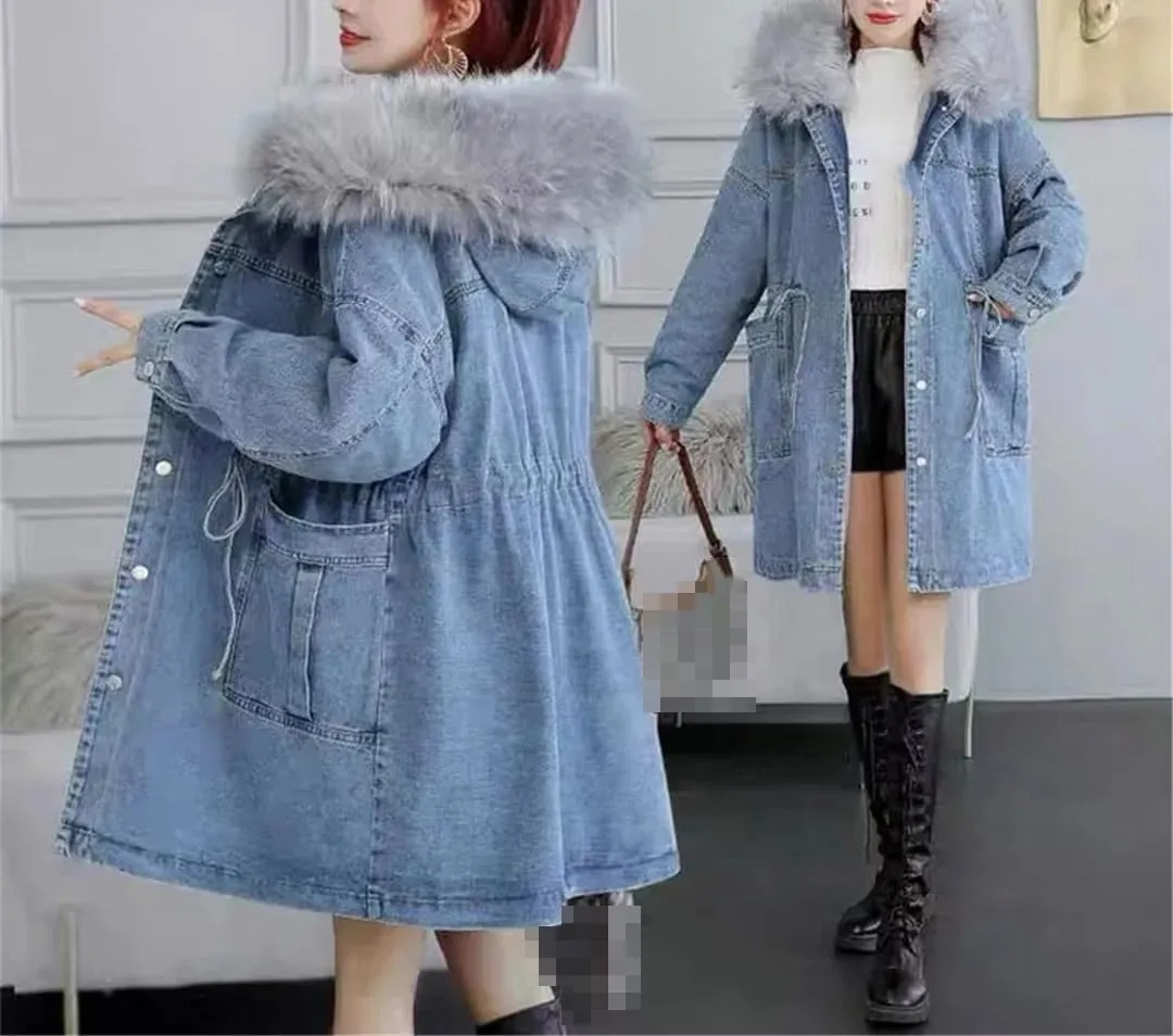 Fjnbbiot Add fleece Thickened Denim Jacket Women Spring Medium Length Loose Large Hair Collar Hooded Cotton Padded Coat