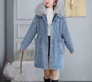 Fjnbbiot Add fleece Thickened Denim Jacket Women Spring Medium Length Loose Large Hair Collar Hooded Cotton Padded Coat