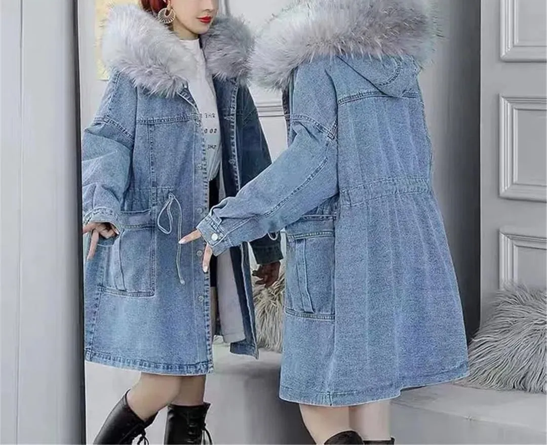 Fjnbbiot Add fleece Thickened Denim Jacket Women Spring Medium Length Loose Large Hair Collar Hooded Cotton Padded Coat