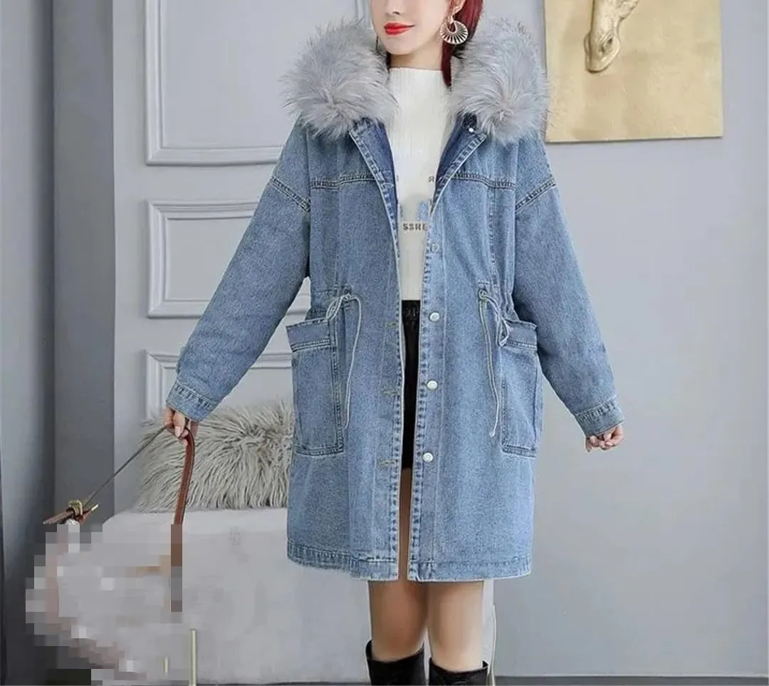 Fjnbbiot Add fleece Thickened Denim Jacket Women Spring Medium Length Loose Large Hair Collar Hooded Cotton Padded Coat