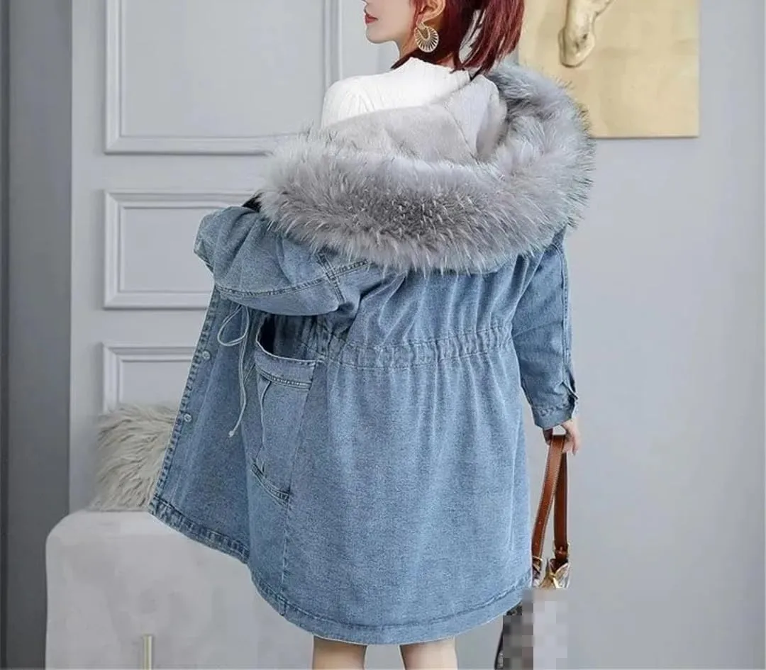 Fjnbbiot Add fleece Thickened Denim Jacket Women Spring Medium Length Loose Large Hair Collar Hooded Cotton Padded Coat