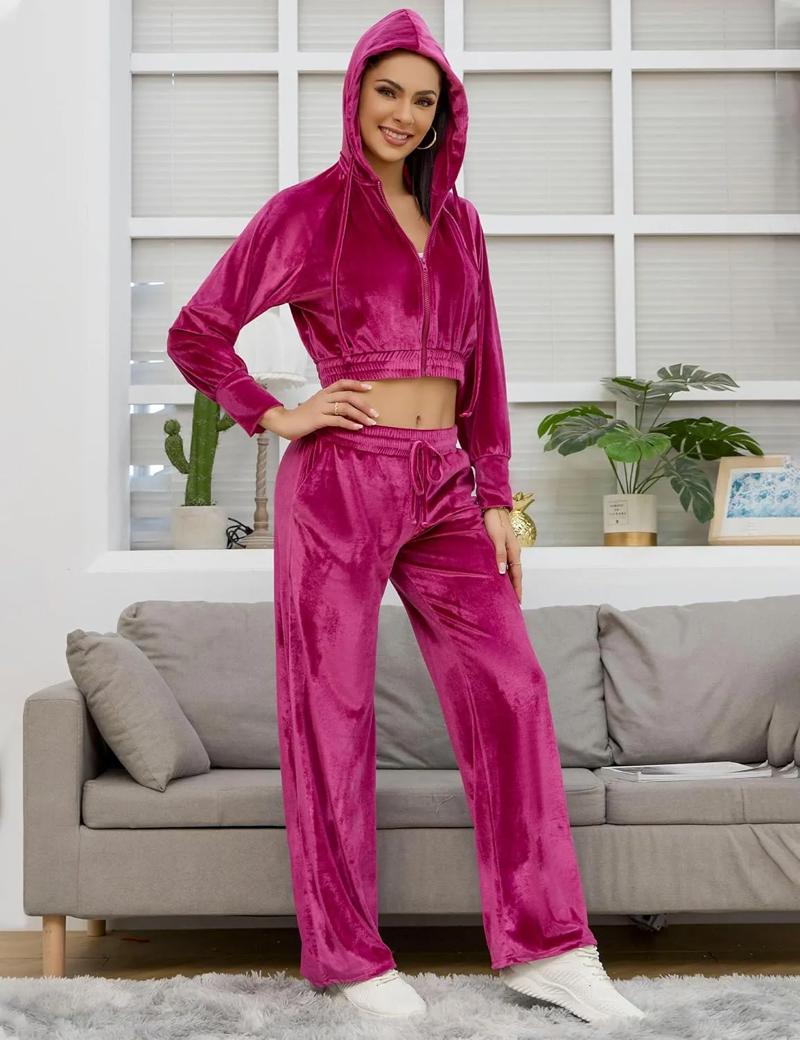 Flygo Women's 2 Piece Velour Sweatsuits Sexy Bodycon Outfits Zip Crop Tops Tracksuit Drawstring Flare Pants Set