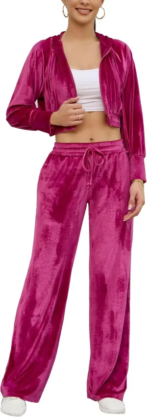 Flygo Women's 2 Piece Velour Sweatsuits Sexy Bodycon Outfits Zip Crop Tops Tracksuit Drawstring Flare Pants Set