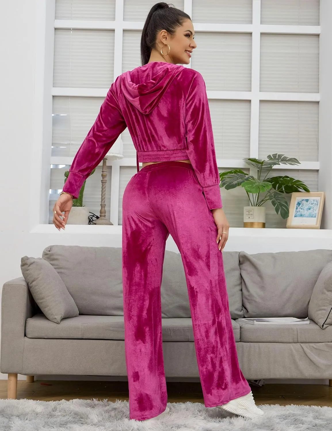 Flygo Women's 2 Piece Velour Sweatsuits Sexy Bodycon Outfits Zip Crop Tops Tracksuit Drawstring Flare Pants Set