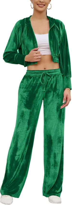 Flygo Women's 2 Piece Velour Sweatsuits Sexy Bodycon Outfits Zip Crop Tops Tracksuit Drawstring Flare Pants Set