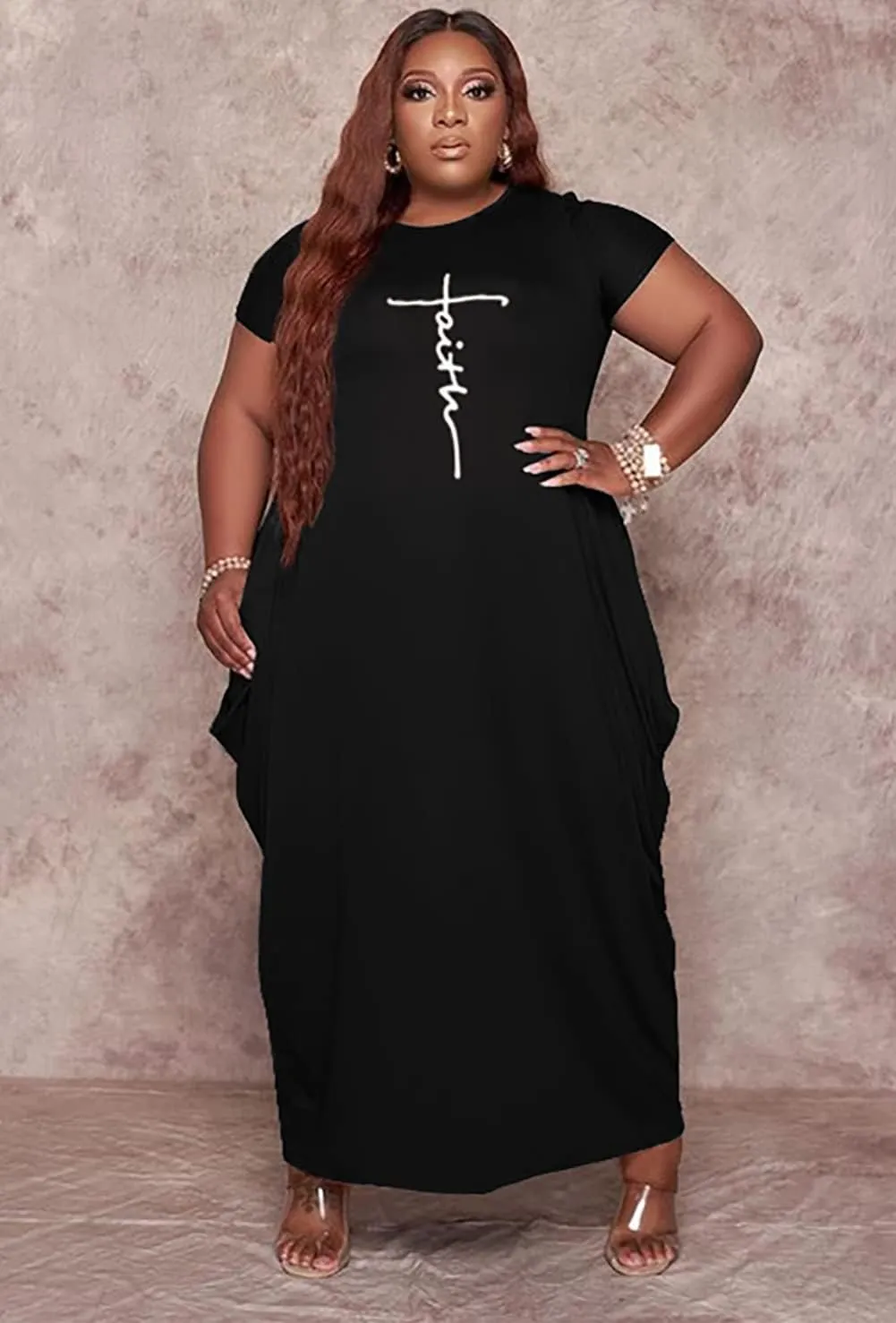 Fooullaide Women Casual Plus Size Dress Summer Short Sleeve V Neck T Shirt Loose Oversize Flowy Long Dresses with Pocket