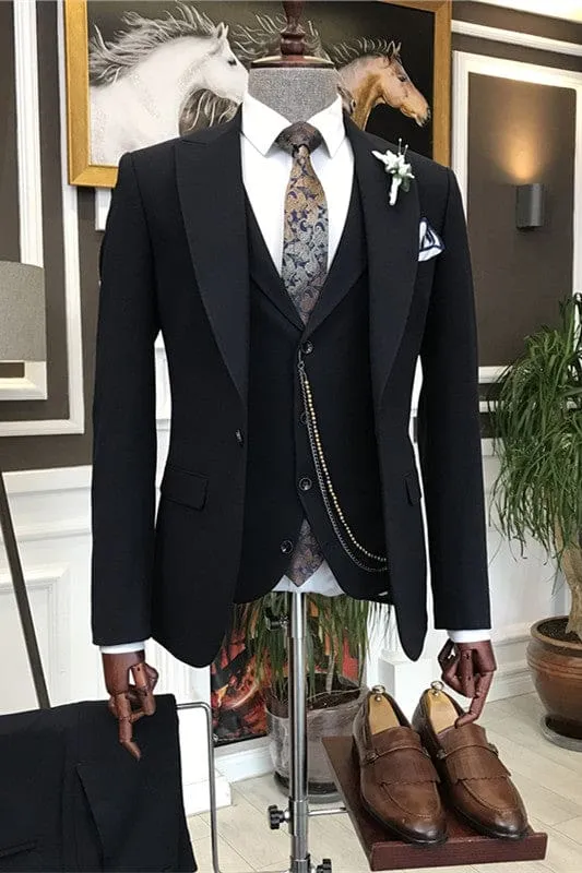 Formal Black Three Pieces Business Suits Peaked Lapel Regular Fit Wedding Suits