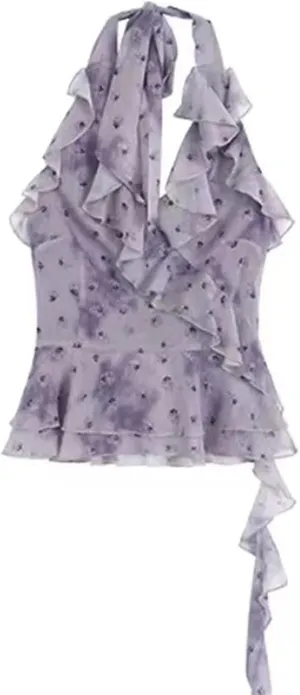 French Smudged Tank top Neck Lace-Up Sleeveless Camisole Women Summer Slim Short Sling