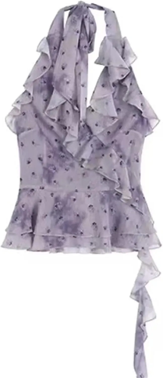 French Smudged Tank top Neck Lace-Up Sleeveless Camisole Women Summer Slim Short Sling